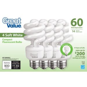 Great Value 60W Equivalent Soft White Spiral CFL Bulbs - 4 pack