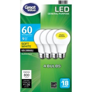 Great Value LED General Purpose Soft White Light Medium Base Bulbs - 4 Pack