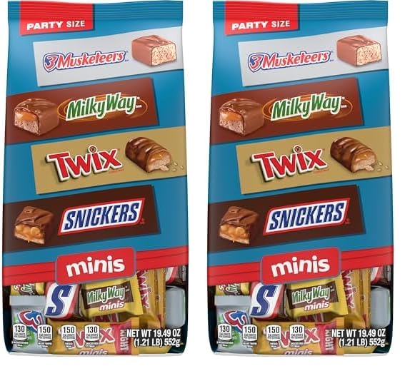 SNICKERS, TWIX, MILKY WAY & 3 MUSKETEERS Minis Milk Chocolate Bars Variety Pack, Party Size, 19.49 Oz Bulk Bag (Pack of 2)